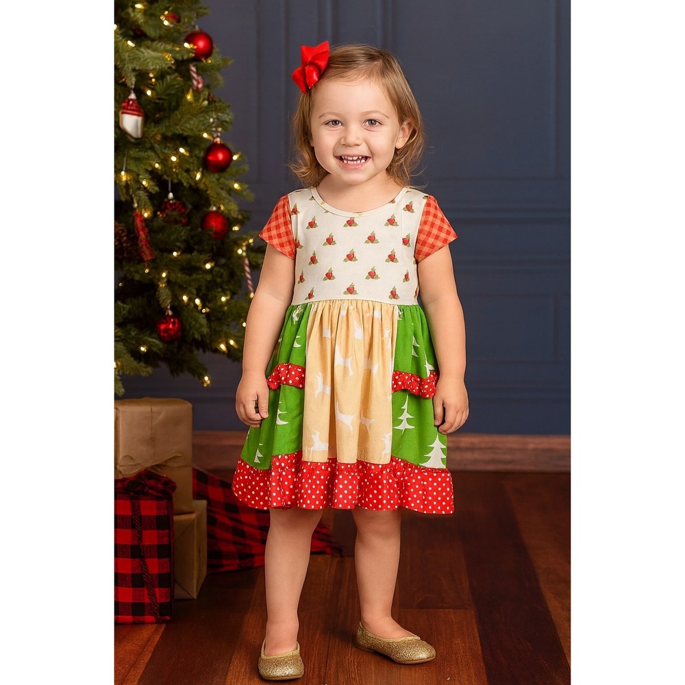 Be Girl Clothing Boutique Christmas Dress 3T Red Green Beige Trees Deer Holly